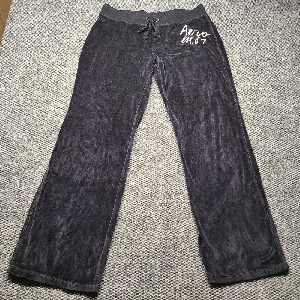 Y2k Aeropostale Sweatpants Womens Large Black Velour High Waisted Drawstring
